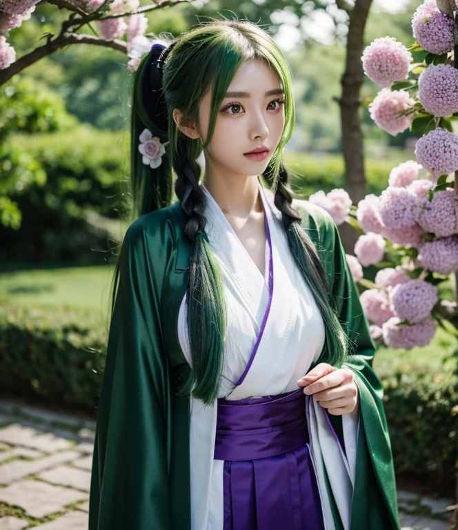 green hair,long hair,pigtails hair,green kimono,Purple Hakama,woman,shiny skin, highest quality, ultra high resolution,quaint,China,garden