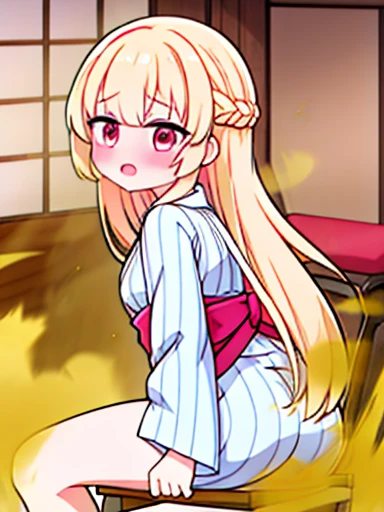 1 girl、Nodoka(Buruaca)、8K、must-have、anime、fart、blush、lots of yellow gas、Yellow gas comes out from the butt、animeチック、Gray yukata、red eyes、long hair、Gentle Pose、blonde、Hip Attack、open your mouth、feel shy、sit on a chair、indoor、panic