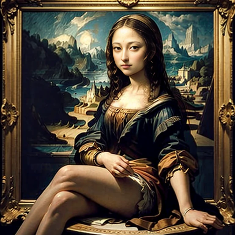 A fascinating contemporary interpretation of Leonardo da Vinci's Mona Lisa. Featuring a Mona Lisa that blends classical and modern heritage. The Mona Lisa is dark-haired, pale-skinned,, seated, knees raised, legs spread, beautiful pussy looking at the viewer (Leonardo da Vinci's interpretation of the Mona Lisa). Nude, undressed, breasts, nipples, abdomen, hips, navel, frontal view, balanced, symmetrical, centered, patterned and colorful background (Starry Night by Vincent van Gogh). Large panel, full frame, centered, balanced, symmetrical.