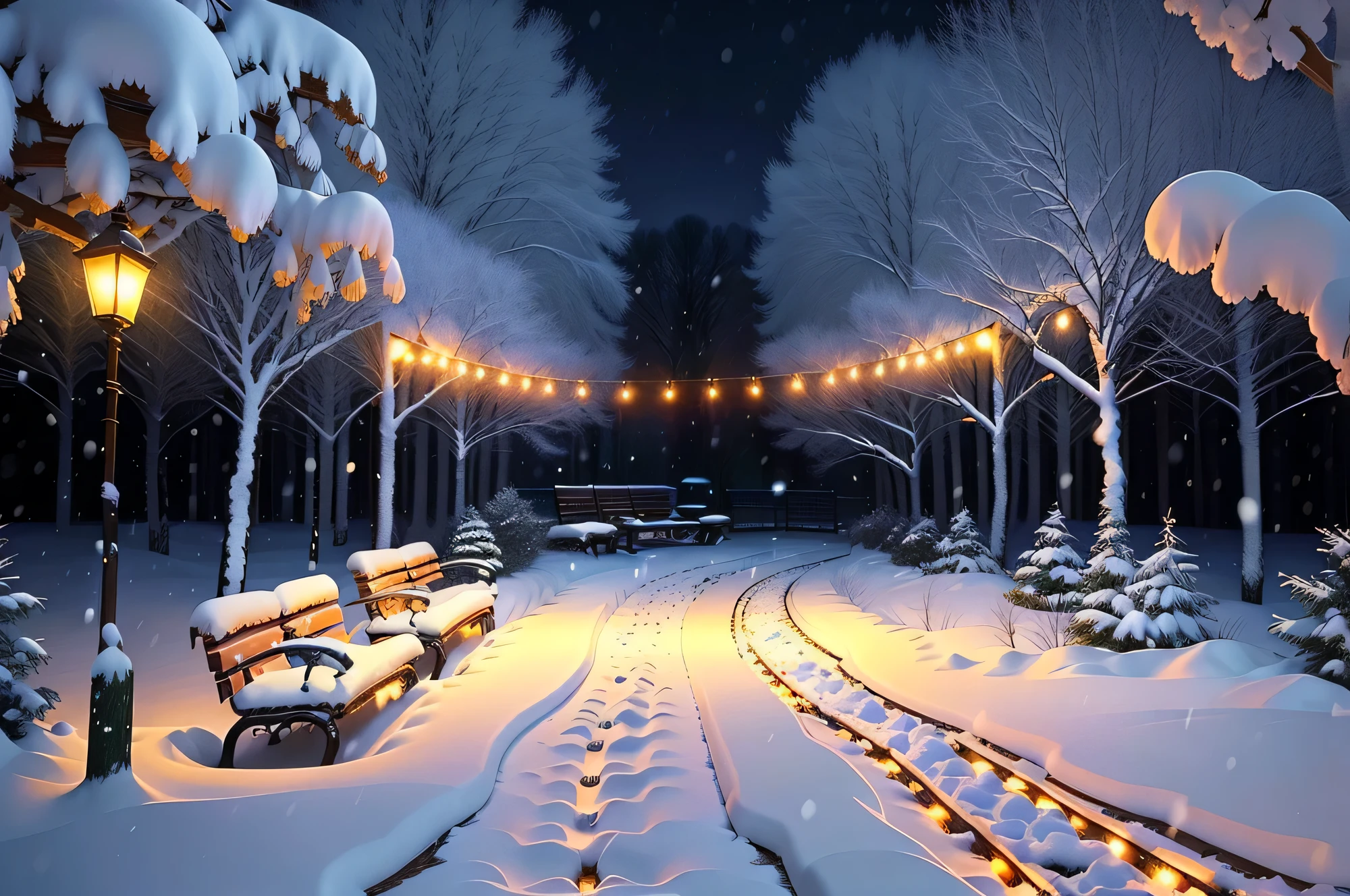 snowy path with benches and string lights in a park, snowy winter christmas night, light snowfall, cozy lights, winter setting, beautiful winter area, snowy night, snowfall at night, snowy winter scene, winter scene fantasy, winter wonderland, cosy enchanted scene, winter night, fairy lights, snowy winter, winter atmosphere, perfect lighting in a snow storm, glowing snow, cozy setting