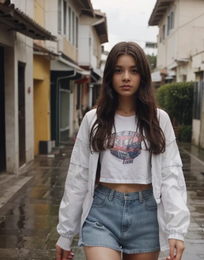 15 year old teen girl. Caminando bajo la lluvia.ropa mojada transparente.chaqueta. cabello rubio . Carilinda.