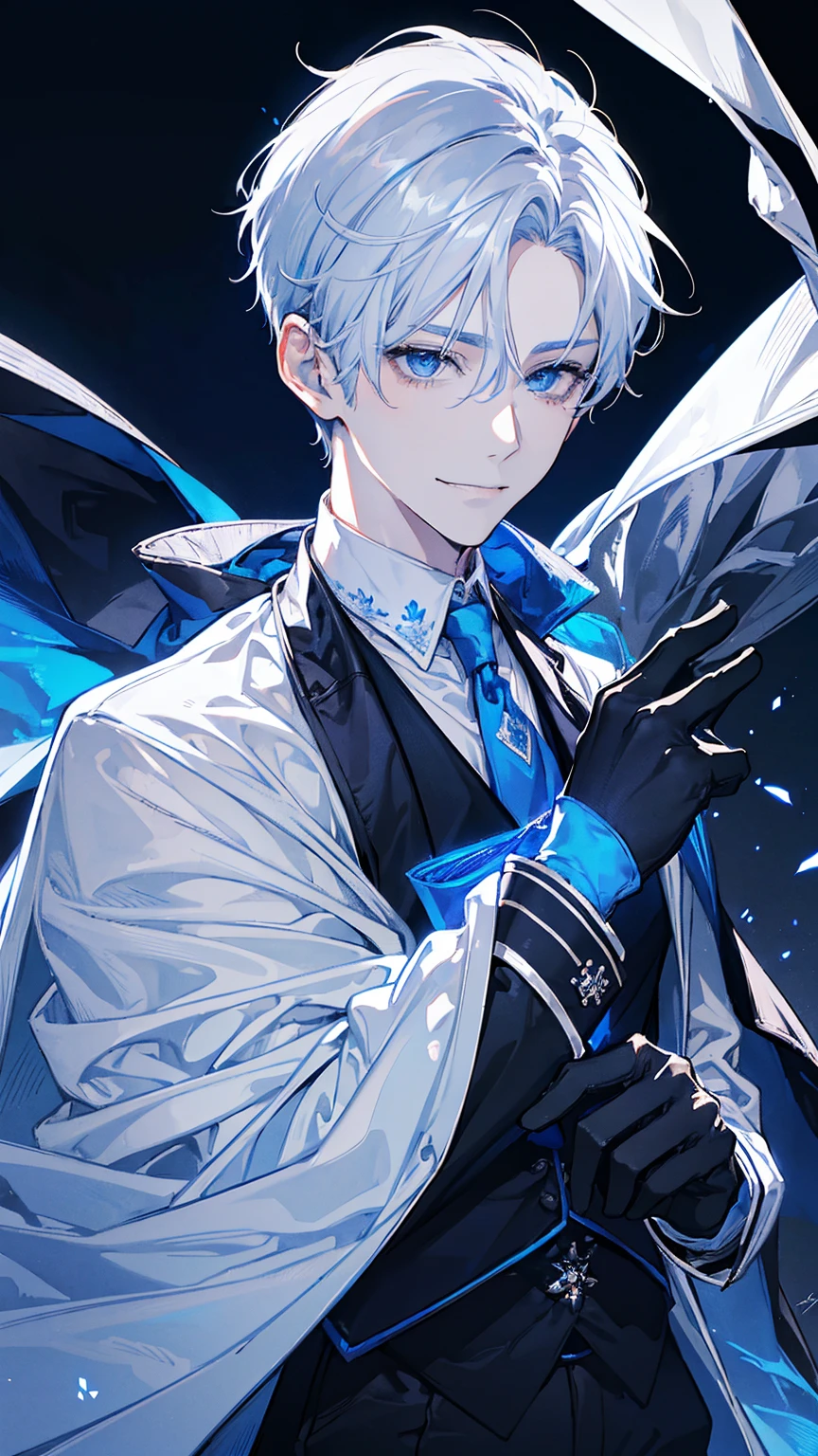 1young man,solo, male photo,confident smile, silver hair, ((short hair)), (short sideburns),light blue eyes, slant eyes,anatomically correct,blue ribbon tie,((black gloves)),((white cloak)),black suit,beautiful japanese style background,best quality, high quality,masterpiece, 8K 