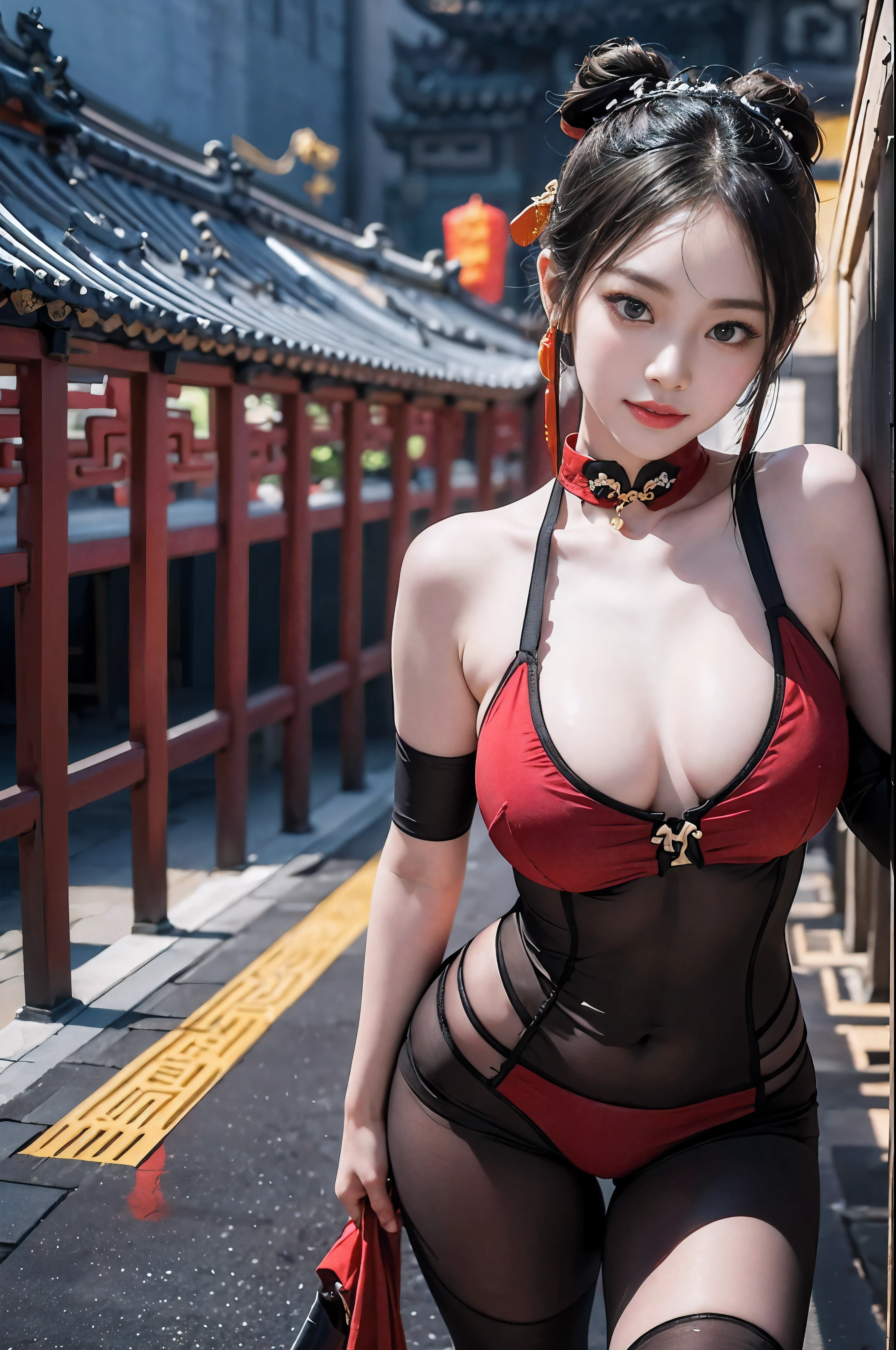 Imagine a seductive scene featuring a 28-year-old brunette woman who exudes both strength and grace。. she is wearing a stunning chai pao (China dress) with a modern twist、large impressive design elements, Bold slit adds charm to traditional outfits. Her hair is elegantly styled in two sophisticated buns, Against the backdrop of a tranquil environment reminiscent of Shaolin Temple、She confidently strikes a kung fu pose。. Capture the essence of her calm demeanor, the vibrant colors of the China dress, And the dramatic effect of the slit, In this visually appealing depiction、Creating a harmonious blend of tradition and modern flair。. ((highest quality、8K、masterpiece:1.3))、sharp focus:1.2、(genuine、photogenuineistic:1.37)、(Shining Smile:1.2)、beautiful face woman、28 years old、pointed chest、long eyelashes、color contact lenses、big breasts 、delicate、very fine eyes、highly detailed eyebrows、(sharp eyebrows)、(thin eyebrows).highly detailed face、(((beautiful thighs:1.4)))、((beautiful breasts:1.3)、彼女の二重バンズのgenuineを捉えてください、full body figure、((chinese shaolin temple background:1.4))、black stockings、dynamic pose