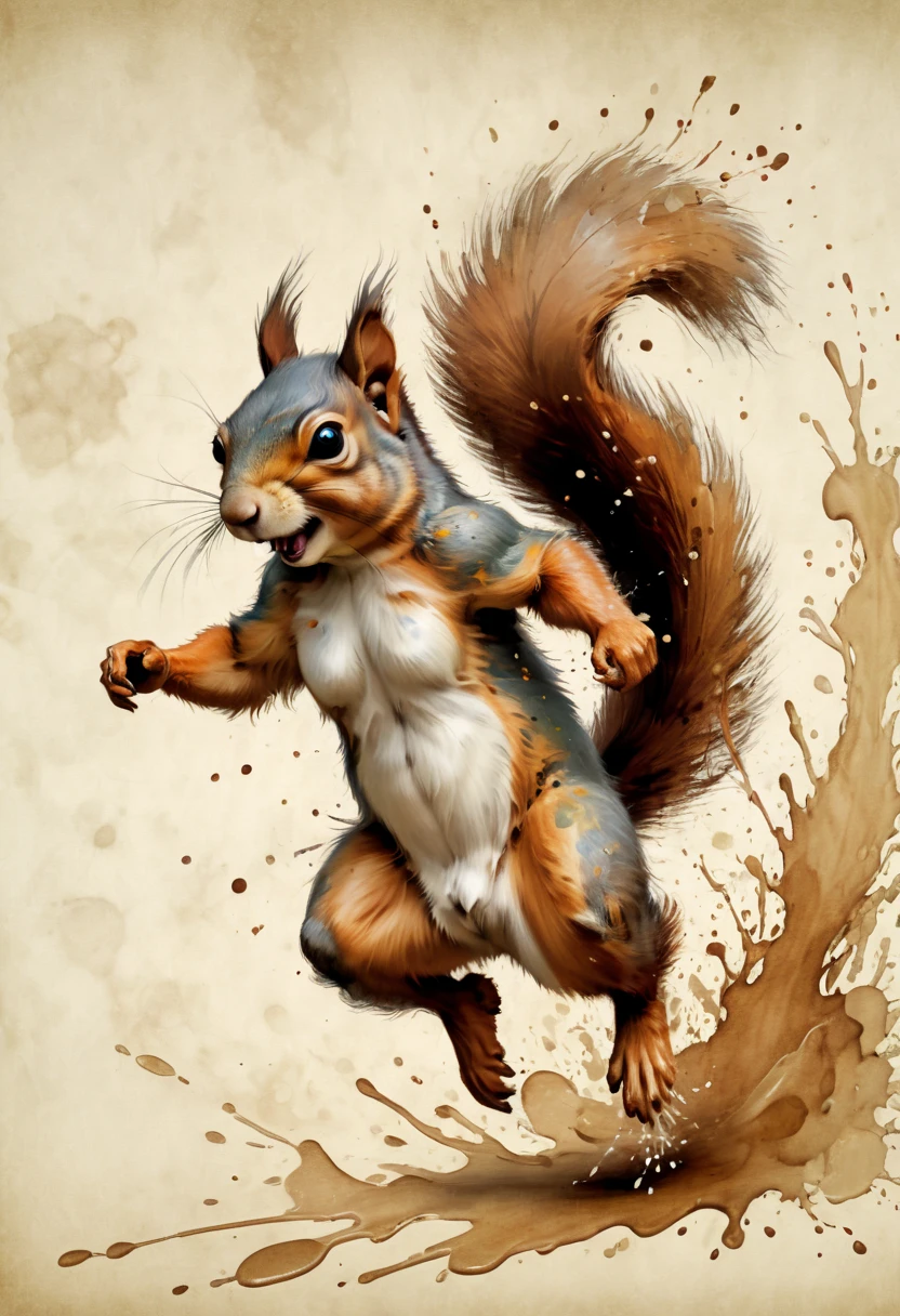 ink splash, paint splatter, Running squirrel, by Leonardo da Vinci, parchment, intricate, (best quality, masterpiece, Representative work, official art, Professional, 8k)