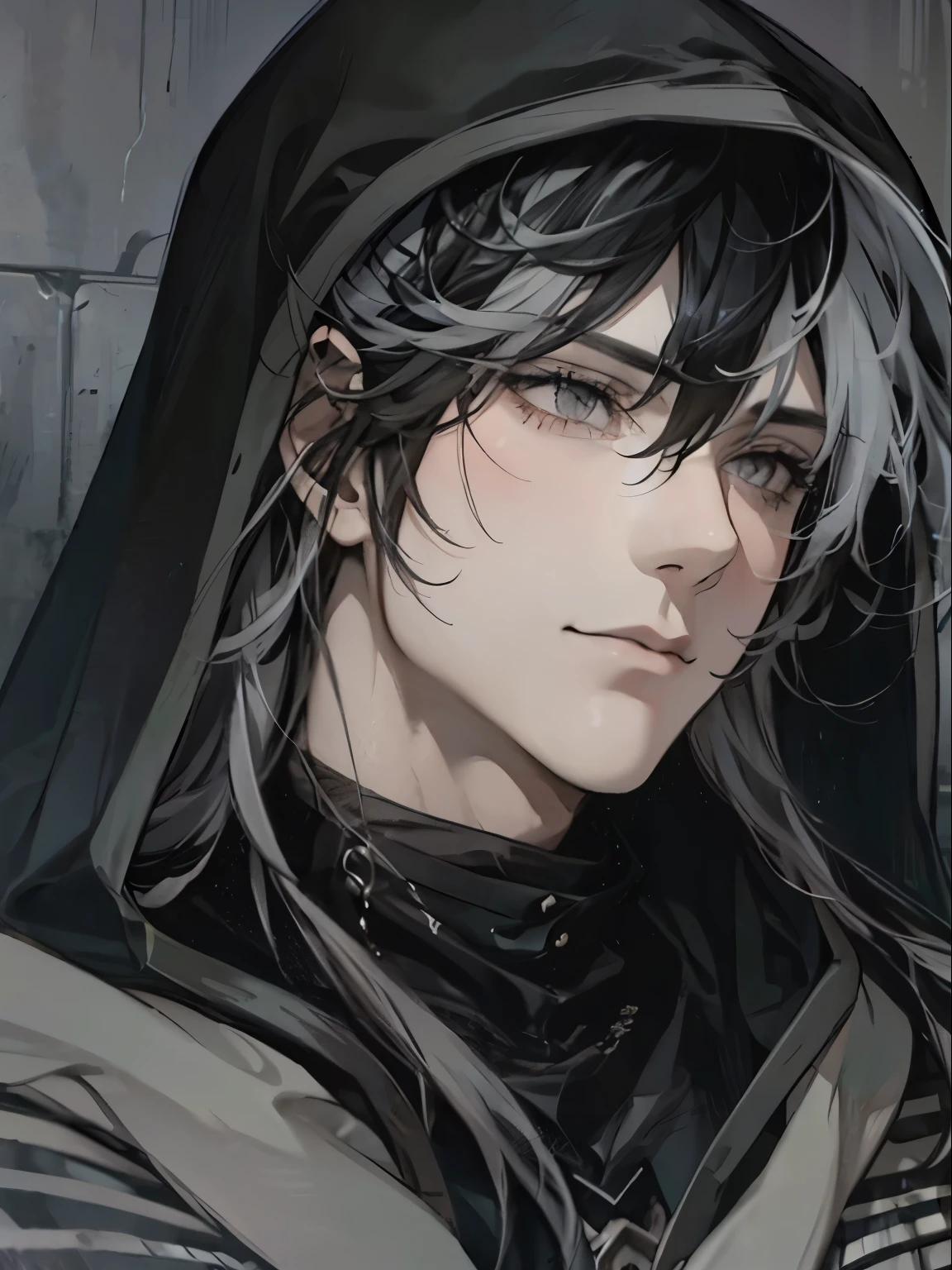 (best quality) (1 male), adult, (black hair with gray streaks), (gray eyes), hood on head, dark atmosphere, medieval theme, (dark energy), (dark mage)