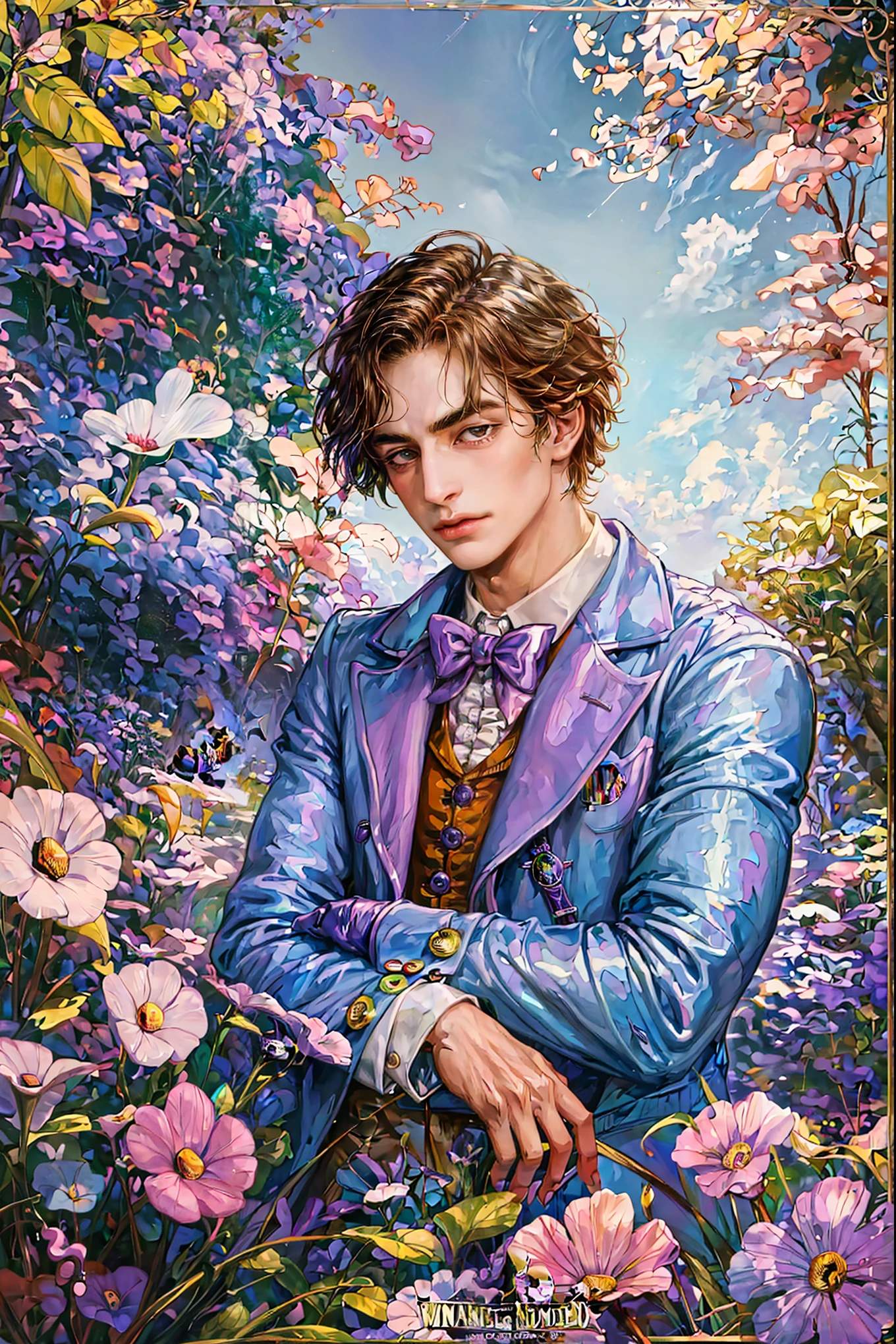 absurdres masterpiece pastel high quality a close up of a young male character in wonka movie with random color pantone details, handsome guy, cool boy, willy wonka movie, character from chocolate factory willy wonka movie, chocolate factory backdrop, detailed scenery 
