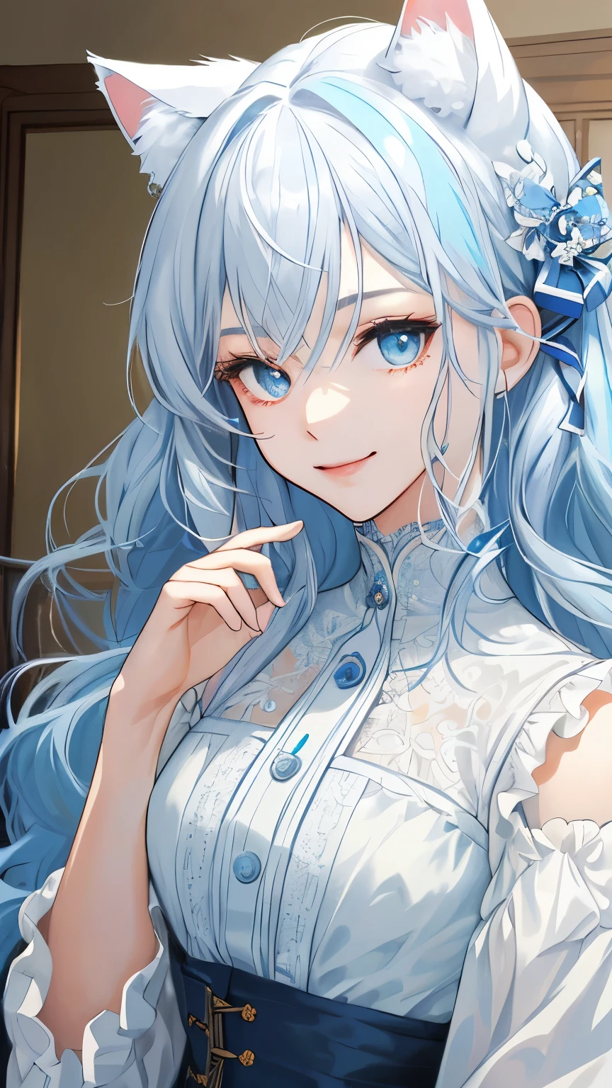 (Masterpiece: 1.2, highest quality), a real photo with intricate details, showcasing a lady in a solo setting, capturing her upper body in a casual pose. Her shoulder length hair frames her face, and minimal makeup enhances her natural features. Wearing a soft, natural fabric, her face is the focus, with a warm smile illuminating her home environment. Her white hair is sprinkled with blue highlights, adding to her unique charm, and she playfully dons cat ears that accentuate her allure. (Masterpiece: 1.2, highest quality)