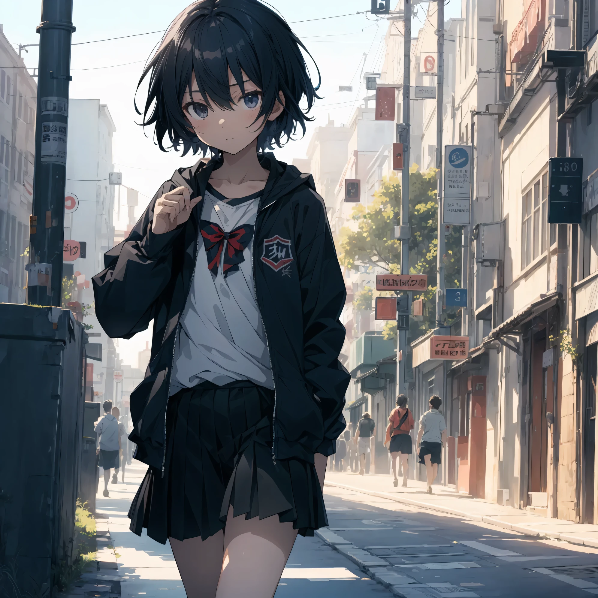 Super high quality by the art god, super detailed, High resolution,Shinkai Makoto style, anime moe art style, best anime 8K konachan wallpaper, pixiv contest winner, perfect anatomy, break,(眠そうにalone学校へ行く女の子を描いてください. ),break, surreal high school girl, (alone,lolita, , 13 years old:1.3),All limbs, full finger,, androgynous charm, (very short hair), messy hair, flat chest, , small ass, between legs, Small black eyes,beautiful and fine eyes, Well-proportioned iris and pupils, disgusted eyes, High resolutionの詳細な髪, wearing school uniform, (skirt), On the way to school. break,super dense skin, Best lighting by famous artists, 8K, figure,