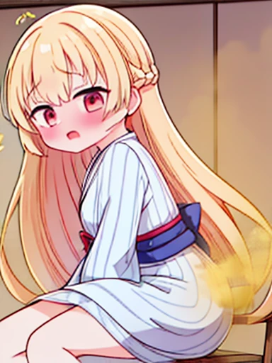 1 girl、Nodoka(Buruaca)、8K、must-have、anime、fart、blush、lots of yellow gas、Yellow gas comes out from the butt、animeチック、Gray yukata、red eyes、long hair、Gentle Pose、blonde、Hip Attack、open your mouth、feel shy、sit on a chair、Japanese style room、panic