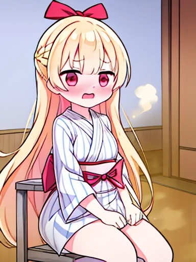 1 girl、Nodoka(Buruaca)、8K、must-have、anime、fart、blush、lots of yellow gas、Yellow gas comes out from the butt、animeチック、Gray yukata、red eyes、long hair、Gentle Pose、blonde、Hip Attack、open your mouth、feel shy、sit on a chair、Japanese style room、panic