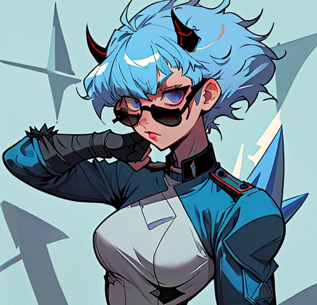 Shadow Milk Cookie's Wife, Light blue skin, Blue hair, Spike Messy Hair, White Square Eyewear, Long Black Spike horns, Winter Soldier Uniform, Artist by Jean-Pierre Meixiu 