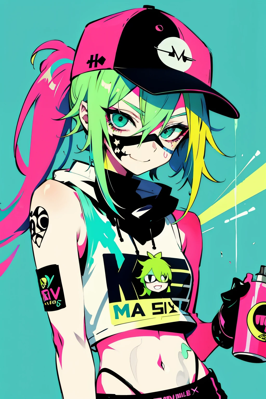 anime slim girl with a cap and a mask, thin face, holding a spray can, green messy hair, street background in neon pink and blue colors, stickers, smirk face, harley vibe, bad girl