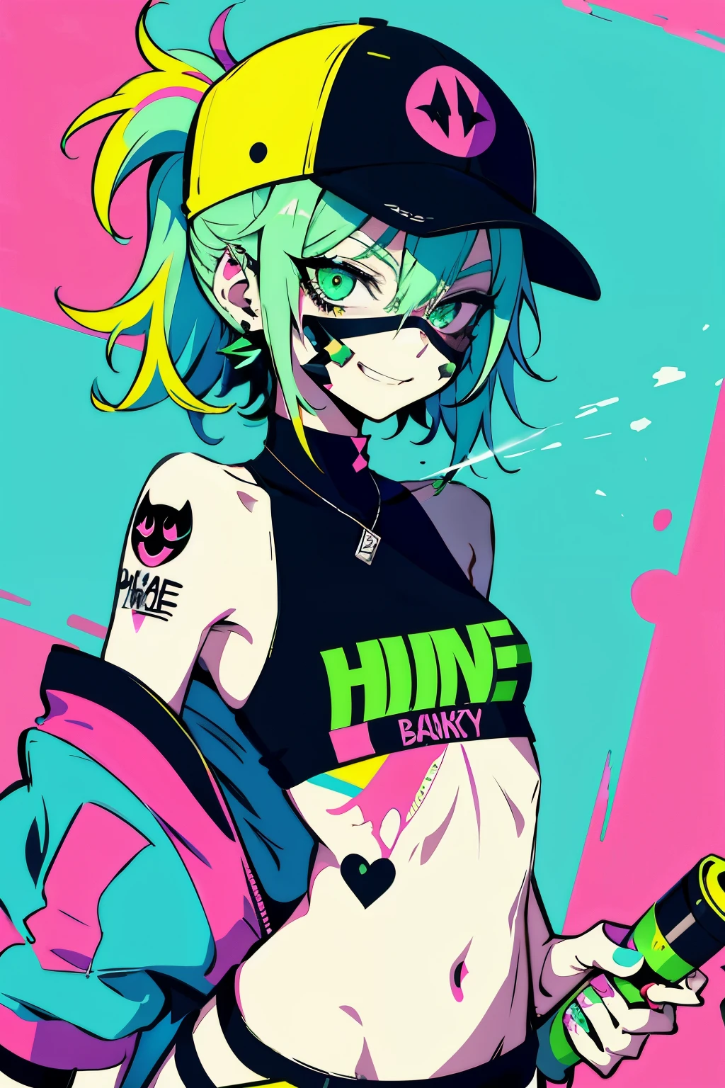 anime slim girl with a cap and a mask, thin face, holding a spray can, green messy hair, street background in neon pink and blue colors, stickers, smirk face, harley vibe, bad girl