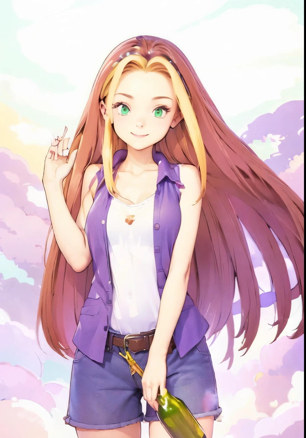 Realistic Picture of Game Character Karen, Female game Character, Harvest Moon Back to Nature, long brown hair, with little golden bangs hair, green eyes, smiling face,  wear purple sleeveless open shirt, white tank top, blue short pants, brown belt, left hand holding wine bottle, right hand waving, 3d figure character, Hyperrealistic texture, detailed skin