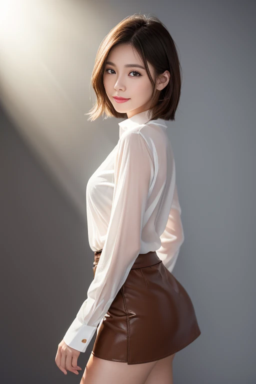 ((8K, highest quality、best image quality、ultra high resolution、Drawn in ultra-high definition、alone、look closely at the camera))、1 girl、realistic、Depth of written boundary、natural soft light、Echiechi, Constricted body, 30 years old, beautiful and detailed eyes, short bob hair, bright hair color, highest quality, masterpiece, Moist eyes, great pose, brown eyes, smile, perfect fingers、perfect hands、perfect body、perfect face, perfect anatomy, glossy lips, natural makeup, small ass, professional lighting, cowboy shot, mini skirt, long sleeve, see-through shirt, simple background, From above, bright room, 