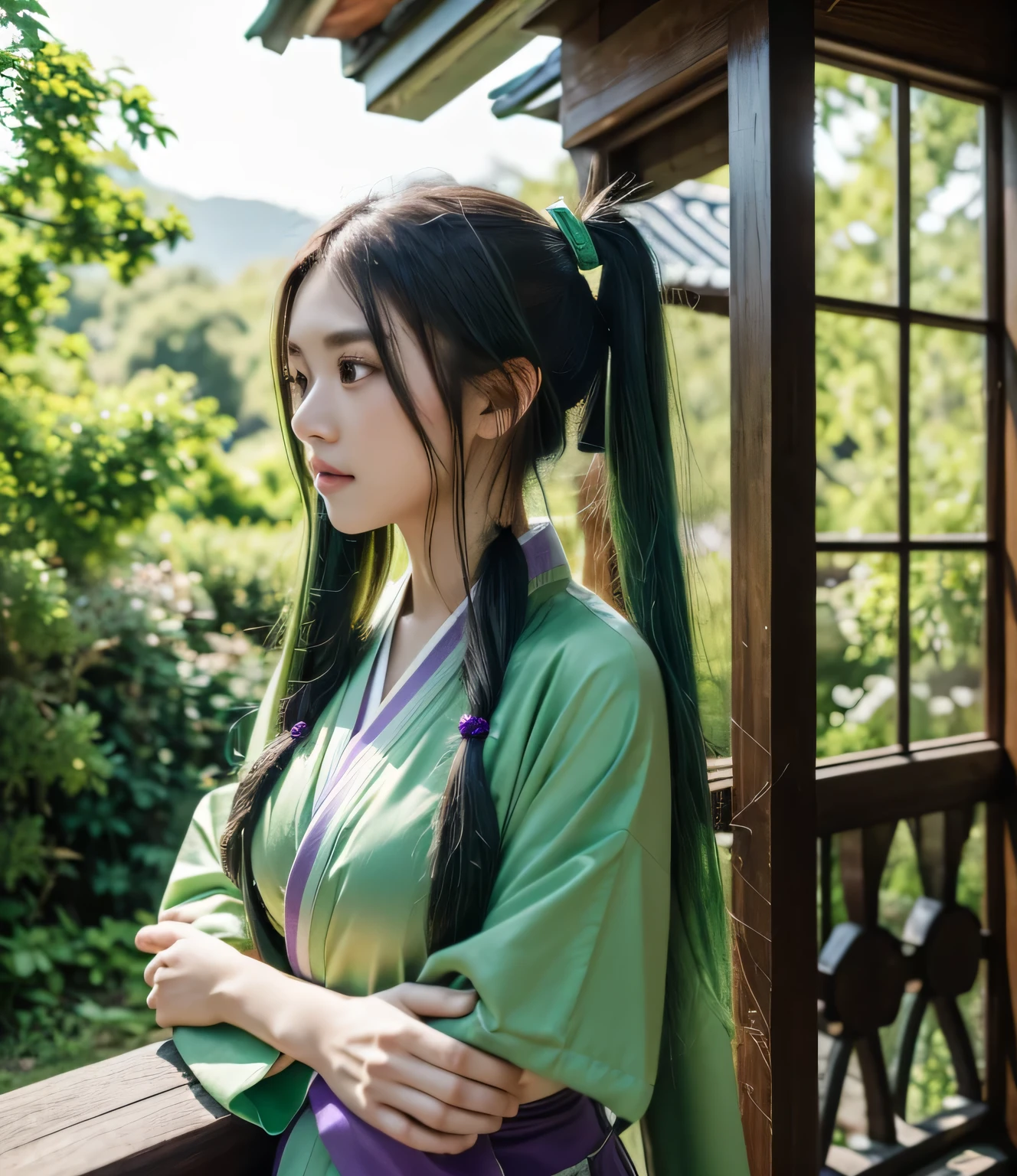 (8K, RAW photo, realistic:1.25,highest quality, ultra high resolution),green hair,long hair,pigtails hair,green kimono,Purple hakama,woman,shiny skin,Quaint,China,garden