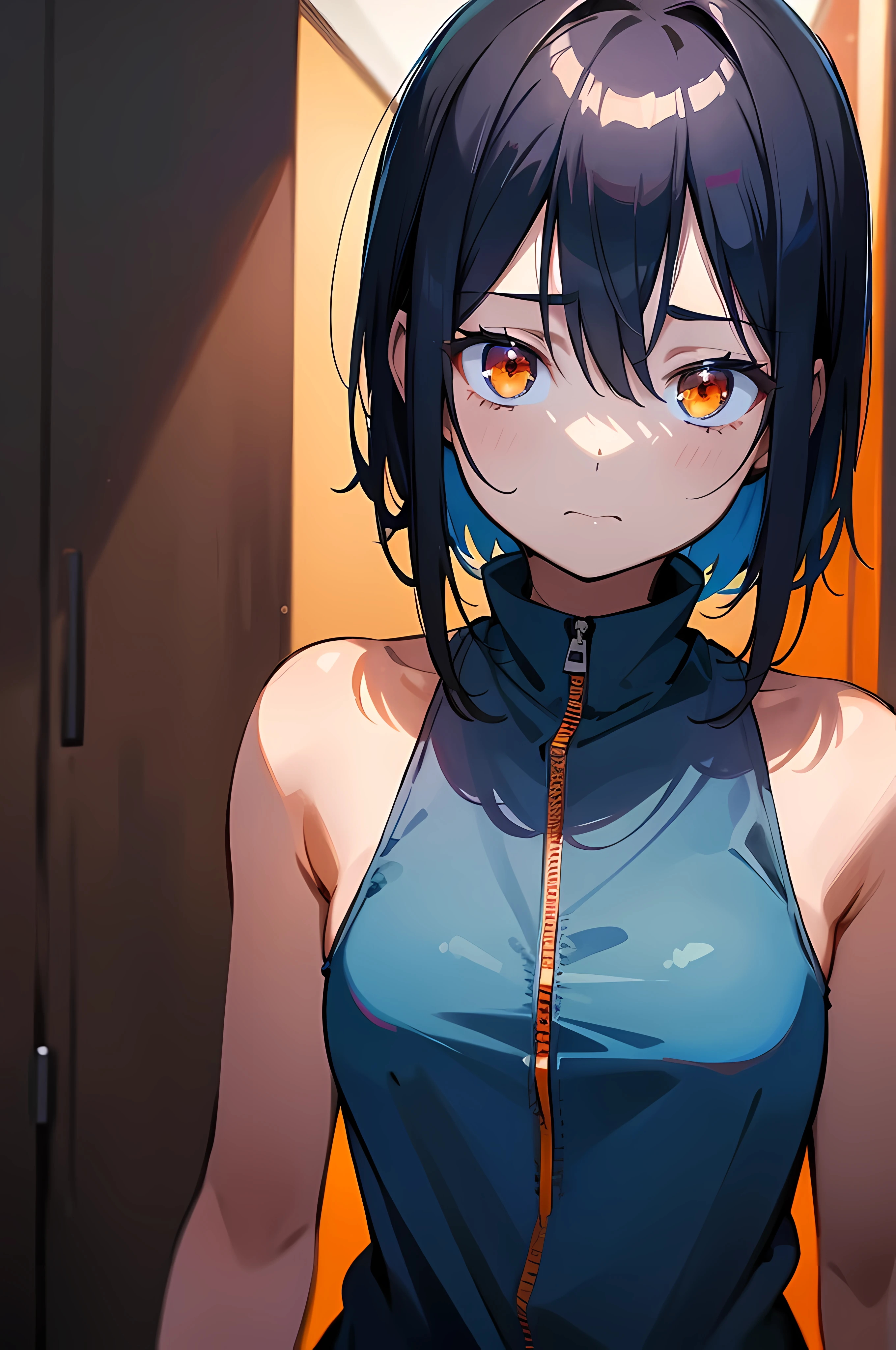 (8K Ultra High-Quality) (Masterpieces) (Image) (人物: Rimuru) 1 Girl , Short Black hair, Orange eyes colors, wearing Red Scott, wearing Jean, nervous face, looking at viewer.