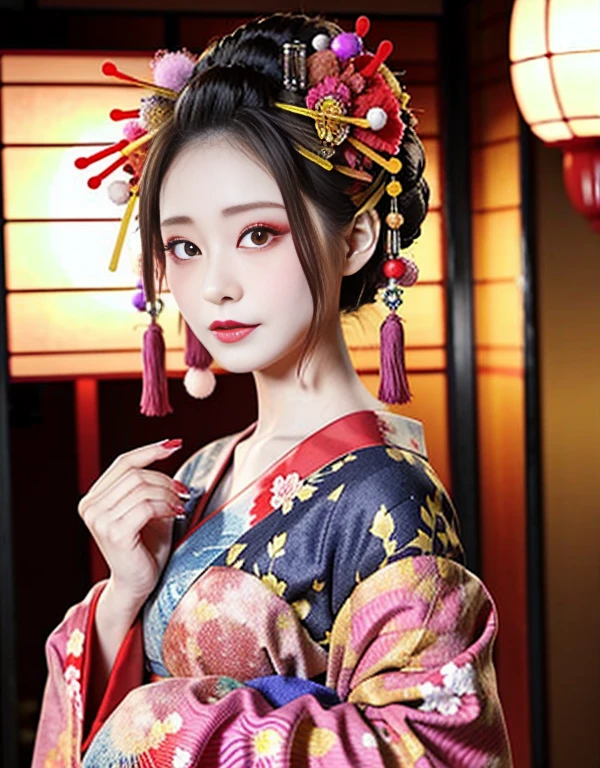 4K, masterpiece, High resolution, disorganized,Natural volumetric lighting and best shadows, 笑face,deep い is written in the depth of the world,soft delicate beautiful attractive face, beautiful edge courtesan_woman, a woman in a kimono posing for a picture ,perfect edge courtesan_face,perfect edge courtesan_body,edge courtesan_compensate,edge courtesan_hairstyle