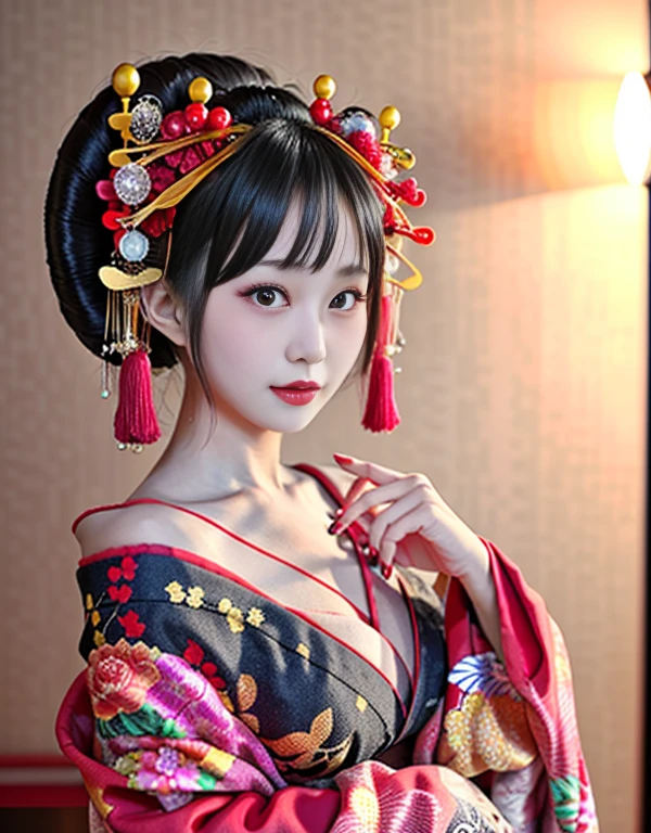 4k, masterpiece, High resolution, confused,Natural volumetric lighting and best shadows, 笑face,deep i is written in the depth of the world,soft delicate beautiful attractive face, beautiful edge courtesan_woman, a woman in a kimono posing for a picture ,Oiran with a perfect edge_face,Oiran with a perfect edge_body,edgOiran_compensate,edgOiran_hairstyle