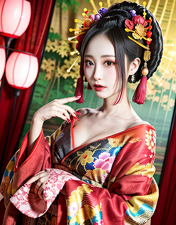 4K, masterpiece, High resolution, disorganized,Natural volumetric lighting and best shadows, 笑face,deep い is written in the depth of the world,soft delicate beautiful attractive face, beautiful edge courtesan_woman, a woman in a kimono posing for a picture  ,perfect edge courtesan_face,perfect edge courtesan_body,edge courtesan_compensate,edge courtesan_hairstyle, 16k, japanese idol, reealistic 