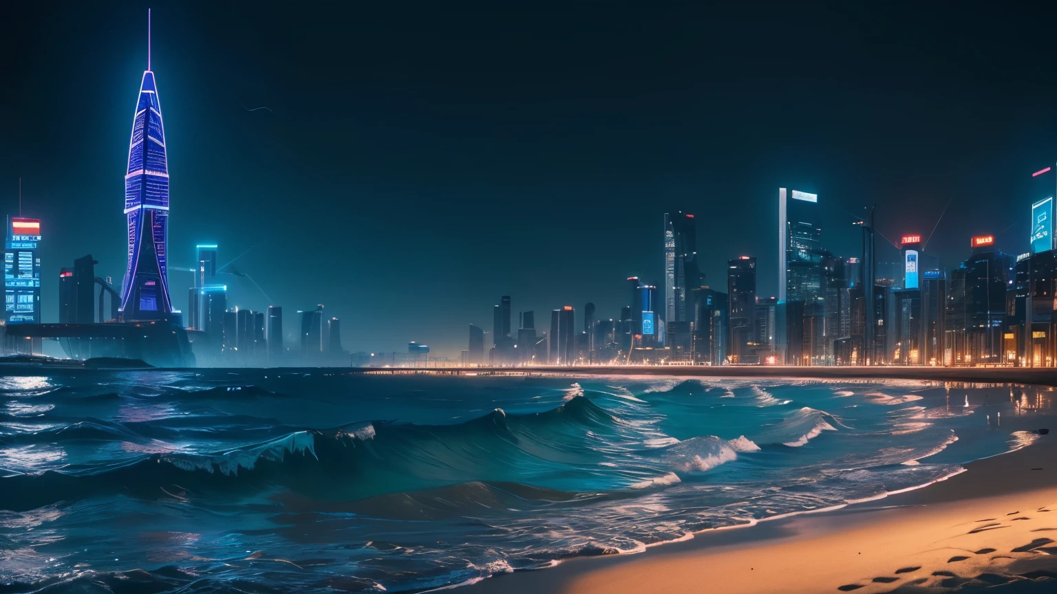 (best quality,4k,8k,highres,masterpiece:1.2),ultra-detailed,(realistic,photorealistic,photo-realistic:1.37),futuristic cyberpunk beach,beautiful detailed seagull flying,colorful neon lights,crystal clear water,glowing skyscrapers,shimmering holograms,advanced technology,hovering vehicles,modern architecture,cybernetic enhancements,jet-black sand,animated digital billboards,waves crashing against the shore,reflections of neon lights on the wet sand,sharp focus,long exposure effect,mysterious atmosphere,vivid colors,futuristic beachwear,floating walkways,silhouettes of people against the glowing cityscape,a sense of bustling energy,an otherworldly blend of nature and technology,an awe-inspiring sight,unforgettable beach experience