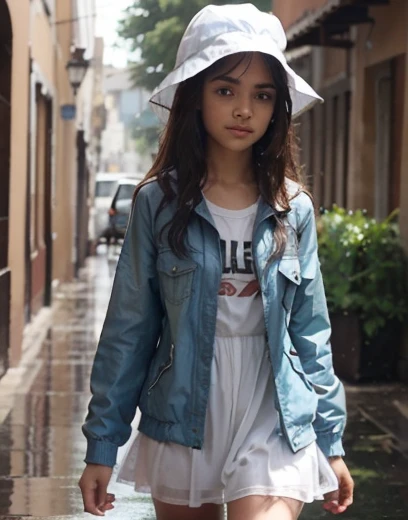 Baby face, 1 , 7 years Tiny petite girl short Shaggy hair
Collar, accessories
Wearing wolf headband pink off shoulder sailor school uniform and skirt
Teary and focus eyes. , detailed finger
On a rainy road
Proporsional