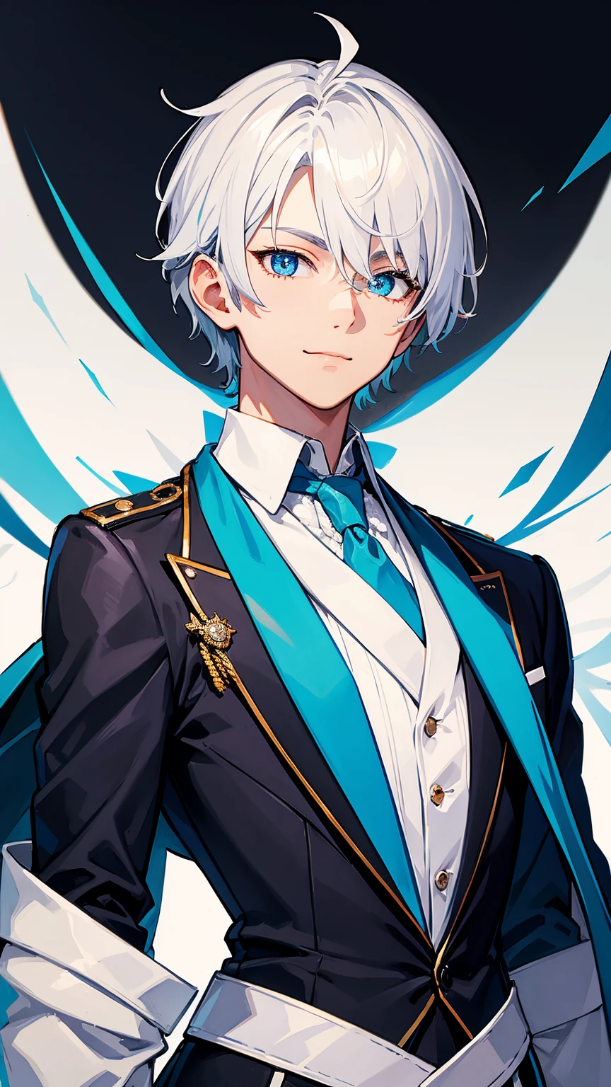1young man,solo, male photo,confident smile, silver hair, ((short hair)), (short sideburns),light blue eyes, slant eyes,anatomically correct,blue ribbon tie,((black gloves)),((white cloak)),black suit,beautiful japanese style background,best quality, high quality,masterpiece, 8K