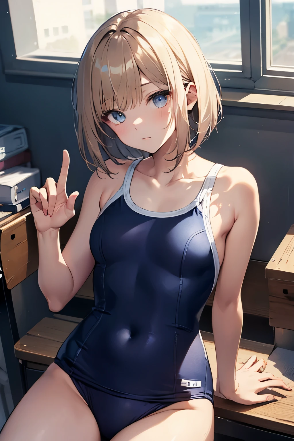 High quality、highest quality、complete limbs、Ultra high definition、Shining eyes、Full hands and fingers、slender beauty、bob cut、Wearing a school swimsuit、shiny skin、hold your butt