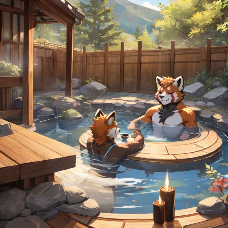 Red panda，Close your eyes，enjoy，bubble hot spring