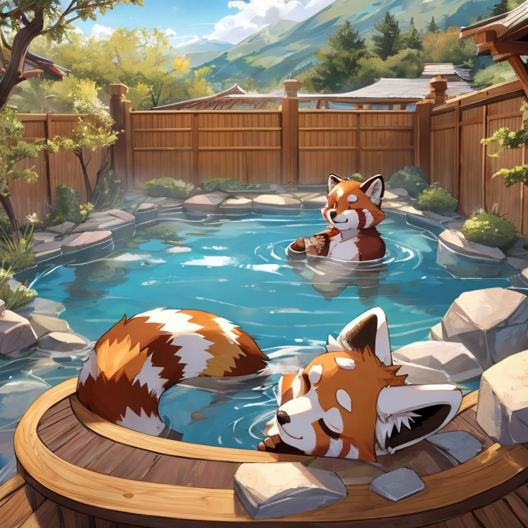 Red panda,Close your eyes,enjoy,bubble hot spring