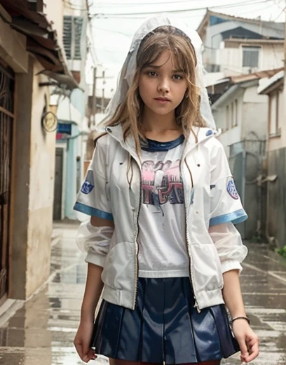 15 year old teen girl. Caminando bajo la lluvia.ropa mojada transparente.chaqueta. cabello rubio . Carilinda.