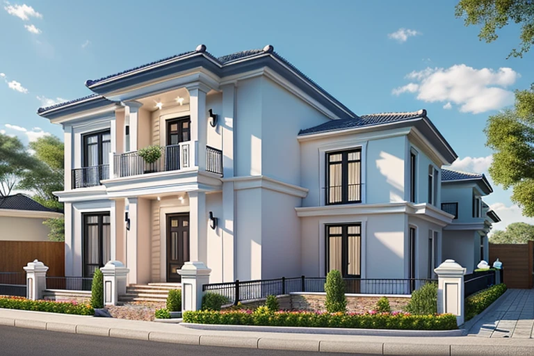 Modern townhouse, combining neoclassical style, street, car running in front of the house, (LoGo:1.5 not appearing), Modern Style, Extremely detailed image, masterpiece, surreal, rendered by vray 2023, 8k rendering, White walls, aluminum glass doors and windows, large yard covered with ceramic tiles, Natural light, cloudy, daytime a few clusters of beautiful small flower pots 8K