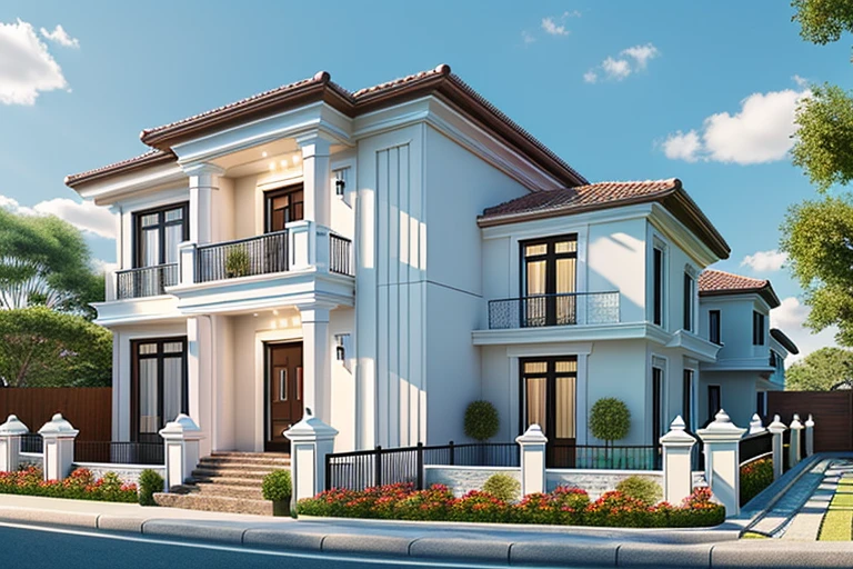 Modern townhouse, combining neoclassical style, street, car running in front of the house, (LoGo:1.5 not appearing), Modern Style, Extremely detailed image, masterpiece, surreal, rendered by vray 2023, 8k rendering, White walls, aluminum glass doors and windows, large yard covered with ceramic tiles, Natural light, cloudy, daytime a few clusters of beautiful small flower pots 8K