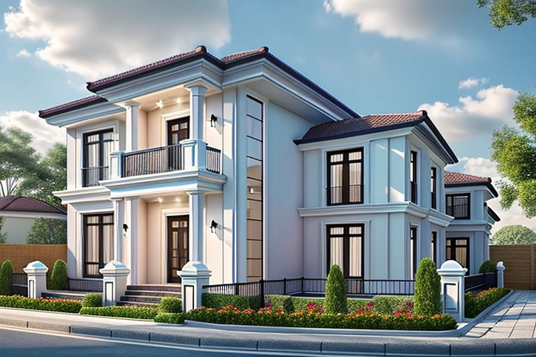 Modern townhouse, combining neoclassical style, street, car running in front of the house, (LoGo:1.5 not appearing), Modern Style, Extremely detailed image, masterpiece, surreal, rendered by vray 2023, 8k rendering, White walls, aluminum glass doors and windows, large yard covered with ceramic tiles, Natural light, cloudy, daytime a few clusters of beautiful small flower pots 8K