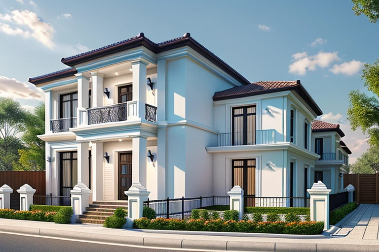 Modern townhouse, combining neoclassical style, street, car running in front of the house, (LoGo:1.5 not appearing), Modern Style, Extremely detailed image, masterpiece, surreal, rendered by vray 2023, 8k rendering, White walls, aluminum glass doors and windows, large yard covered with ceramic tiles, Natural light, cloudy, daytime a few clusters of beautiful small flower pots 8K