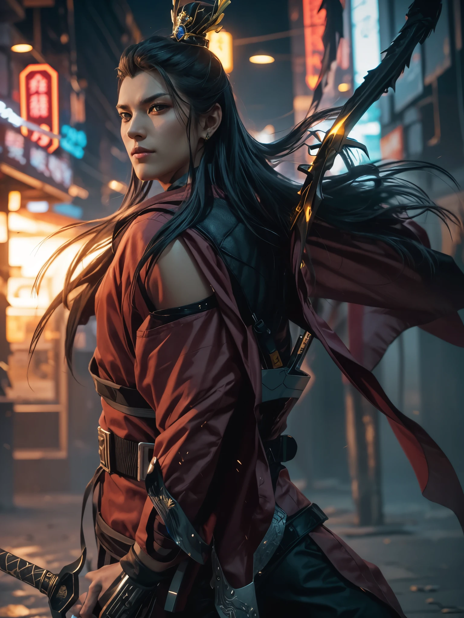 (Close-up of a man holding a sword:1.3),hero,epic character,top quality, Martial arts style, The crown of the great sage Qi, (long black hair),super detailed, holding weapon, cyberpunk, (Purple cape)(,(cyberpunk 2077 城市景观)), (cyberpunk美学与氛围:1.3) ,(白色和红色的未来cyberpunk的装扮), Serious,Full body martial arts, Handsome guy in the art of slaying demons, RPG character art