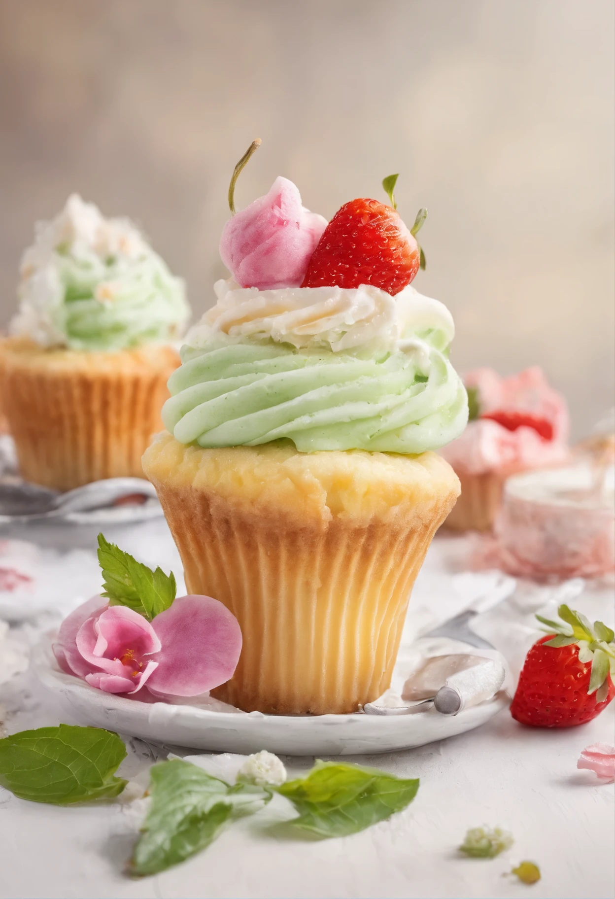 (pastel colour:1.2)、(cute illustration:1.2)、(watercolor painting:1.2)、white background、Floral、green leafs、strawberry, fruits、Shortcake、citric acid、acid、甘acidっぱい、pale pinkish green throughout,、waffle、bread、cooking、cupcake、tiramisu、Cream cake、confections、high tea、sweet、particles of light、drink、Ice cubes、still life photography