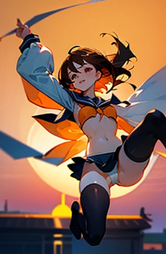1 Asian Woman, jumping, dynamism, full body, A very beautiful and charming face, beautiful light brown hair, hair over shoulder, floating hair, expressive hair, shiny hair, hair flaps, intense black eyes, strong eye highlights, small breasts, lip gloss, shy smile, parted lips, high school uniform, (((sheer sailor suit))), summer clothes, ((body line visible)), ((orange bra show through)), navel visible, navy blue short plears skirt,flipping skirt, (white lace panties), cameltoe, (black thigh-high stockings), soft wind, sunset, on the rooftop, Looking up from the floor.