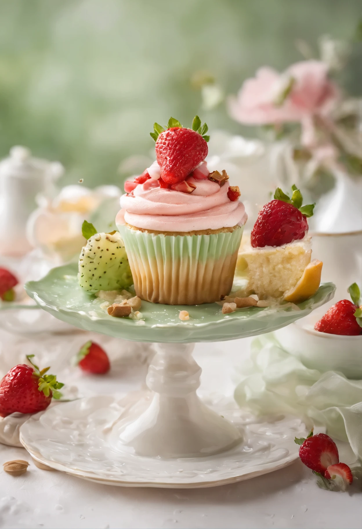 (pastel colour:1.2)、(cute illustration:1.2)、(watercolor painting:1.2)、white background、Floral、green leafs、strawberry, fruits、Shortcake、citric acid、acid、甘acidっぱい、pale pinkish green throughout,、waffle、bread、cooking、cupcake、tiramisu、Cream cake、confections、high tea、sweet、particles of light、drink、Ice cubes、still life photography