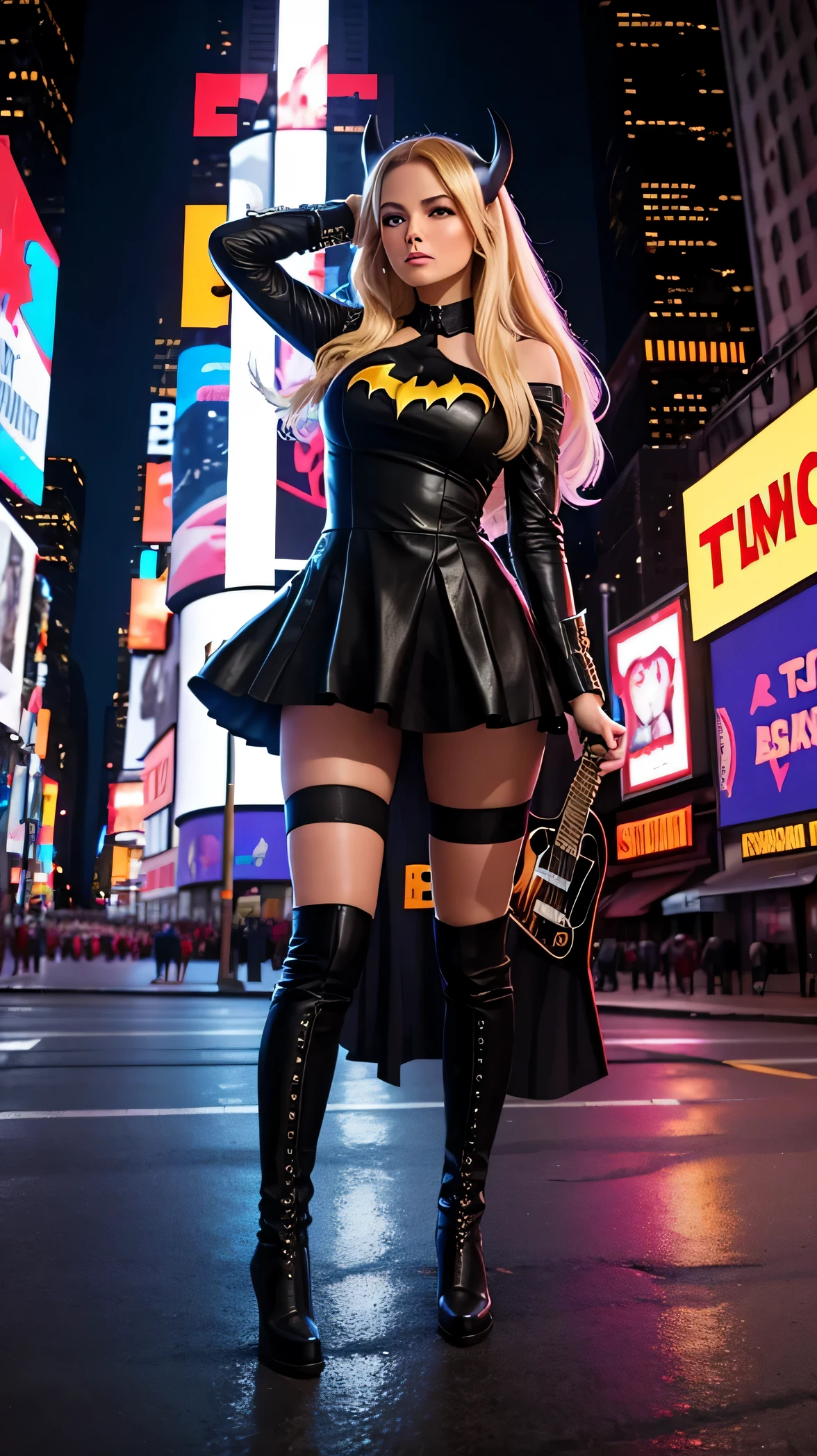 (donald Trump fotorrealista) 8k, rock batgirl dress, tocando guitarra eletric guitar na Times Square, uhd, only him, alta qualidade, usando pent, uhd, corrigir nariz, usar pents, fix nose
