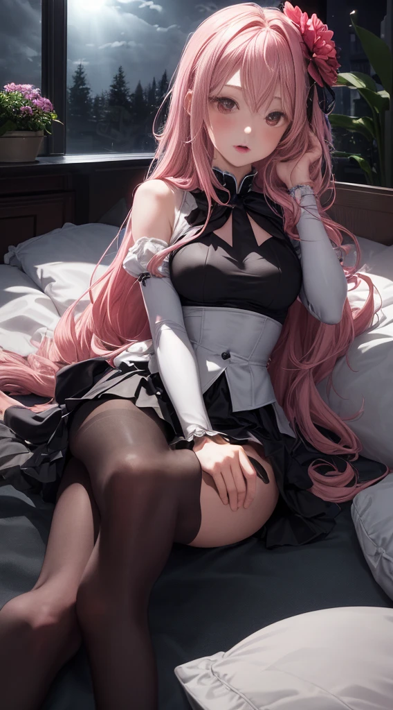 (masterpiece, best quality: 1.4), (Super detailed), full color, full color, divine light, Ray tracing, Dutch Cape, look at the viewer, (doggy style: 1.5) 1 beautiful woman, alone, pink hair, (medium breasts), long hair, pink eyes, clavicle, arms cuffs, bow, White shirt, skirt, miniskirt,, (Partially undressed,: 1.2), (Black tights: 1.3), hair flower, open mouth, blush, blush nose, Tell your world \(singing voice\), (爬上sofa, lying facing down, facing down), looking at the viewer, whole body, alone focus, look, head tilt, Place your hands on your face, headrest, handrails, (medium breasts:1.3),night Living room, plant, flowers, sofa, floor-to-ceiling Windows, lamp, Windows, night, Sky, (behind: 1.5),