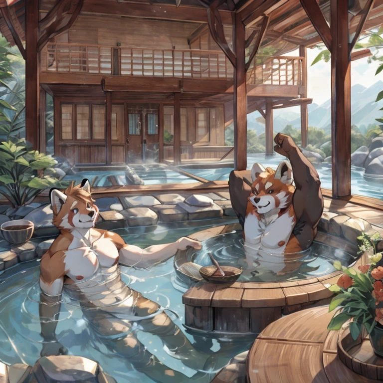 Red panda,strong,enjoy,bubble hot spring,indoor