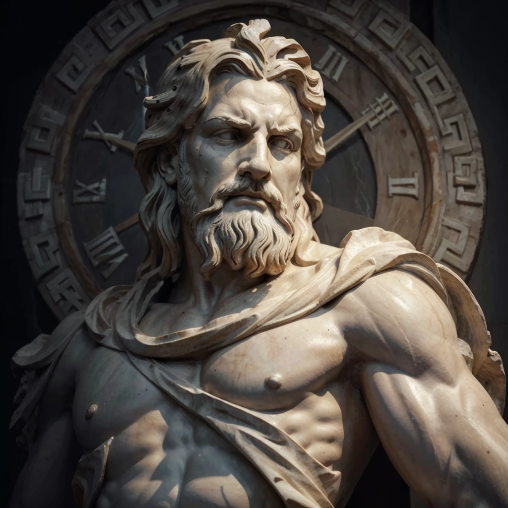 a closeup of a statue of a man with a clock in the background, escultura realista de Bernini 8k, Deus furioso Zeus, deus grego, o deus Zeus, statue of hercules looking angry, Roman statue of Greco, ancient Greek statue, 3 d sculpture of carving marble, Greek statue, Marble statues, art station masterpiece, estilo de arte classicismo, Escultura grega antiga