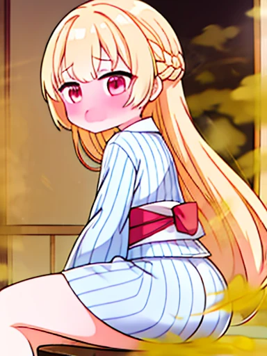 1 girl、Nodoka(Buruaca)、8K、must-have、anime、fart、blush、lots of yellow gas、Yellow gas comes out from the butt、animeチック、Gray yukata、red eyes、long hair、Gentle Pose、blonde、Hip Attack、open your mouth、feel shy、sit on a chair、Japanese style room、panic、