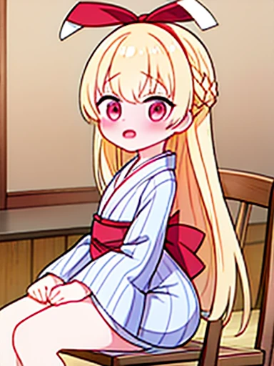 1 girl、Nodoka(Buruaca)、8K、must-have、anime、fart、blush、lots of yellow gas、Yellow gas comes out from the butt、animeチック、Gray yukata、red eyes、long hair、Gentle Pose、blonde、Hip Attack、open your mouth、feel shy、sit on a chair、Japanese style room、panic、