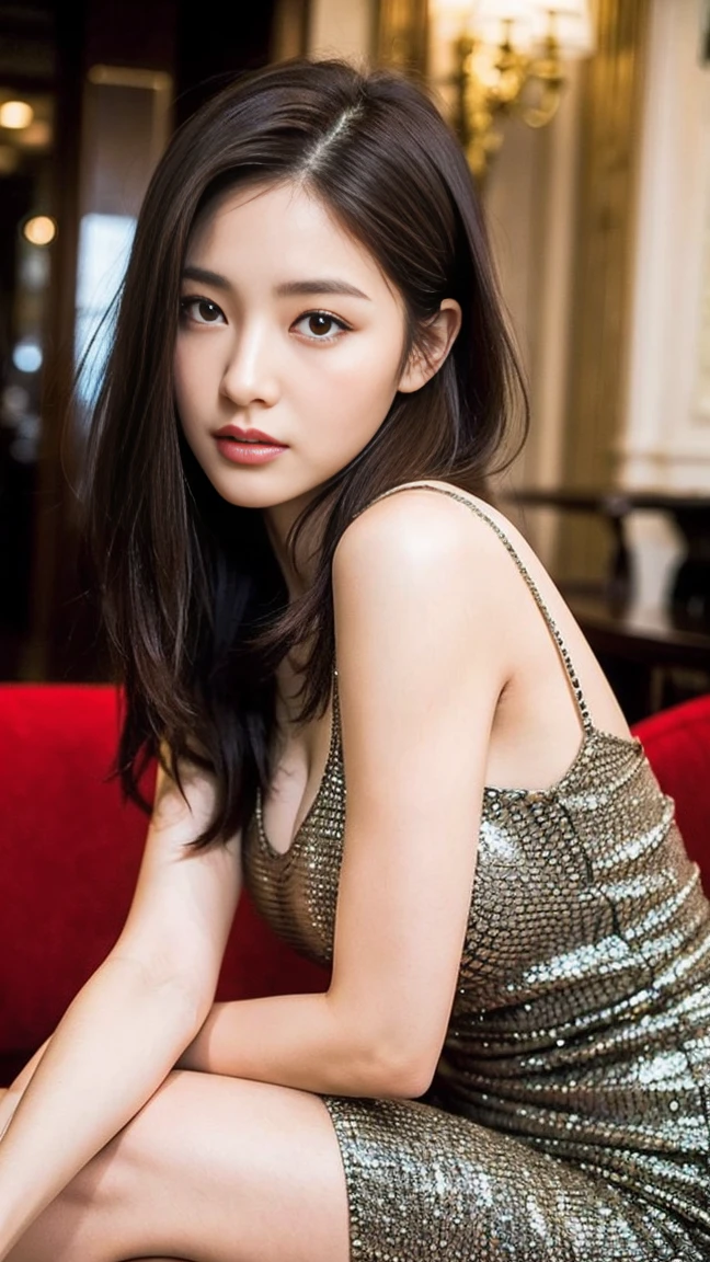 dark brown hair、light brown eyes、Japanese actress face、 lady、looks like him&;I&#39;Iは40歳くらいです、(intricate details:1.2)、(First class:1.4)、 (ultra high resolution:1.2)、ultra high resolution、(fine eyes)、(detailed facial features)、ticker、8K resolution、D cup size breasts、long hair、Forward bend pose、sitting on a sofa in a classic cafe in paris、relax、paris fashion、beautiful feet、