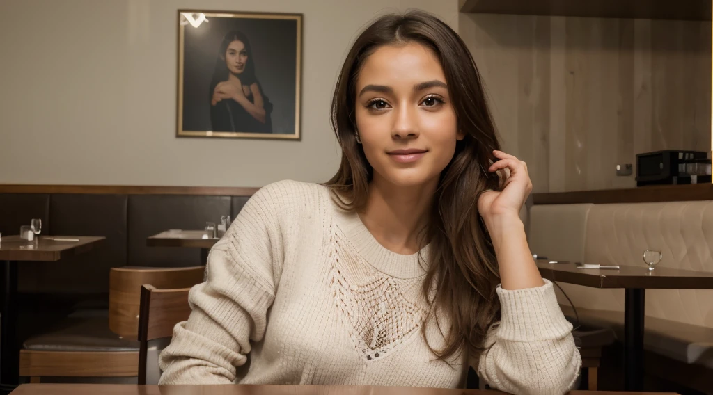 Morena parecida com a modelo porno Tru Kait ,Lindo, Wearing beige sweater (Lunch inside a modern restaurant), muito detalhado, 40 anos, rosto inocente, Cabelo longo, ondulado natural, olhos castanhos, high resolution, obra de arte, melhor qualidade, detalhes intrincados, altamente detalhado, sharp focus, pele detalhada, realista skin textura, textura, olhos detalhados, profissional, 4k, sorriso charmoso, filmado em Canon, 85mm, profundidade superficial de campo, Kodak Vision Colors, corpo em forma perfeita, extremamente detalhado, foto_\(ultra\), photorealista, realista, post-processing, maximum detail, rugosidade, Vida real, ultra realista, fotorrealismo, fotografia, 8K Ultra HD, fotografia
INFO