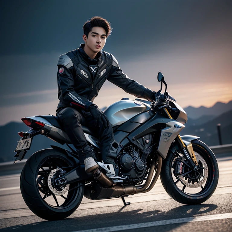 fking_scifi, black pilot suit with yellow accents, brown hair (gray eyes: 1.35), Thai guy, handsome teenager, rides a cool motorcycle, bokeh, mass effect, long distance, fullbody image fking_cinema_v2