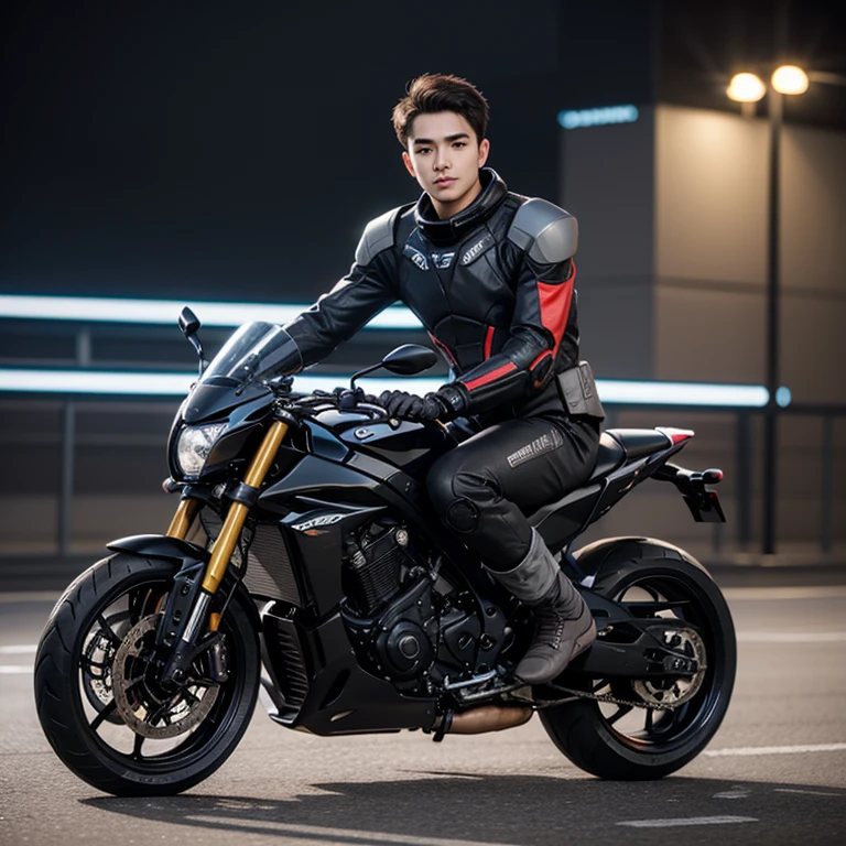 fking_scifi, black pilot suit with yellow accents, brown hair (gray eyes: 1.35), Thai guy, handsome ager, rides a cool motorcycle, bokeh, mass effect, long distance, fullbody image fking_cinema_v2
