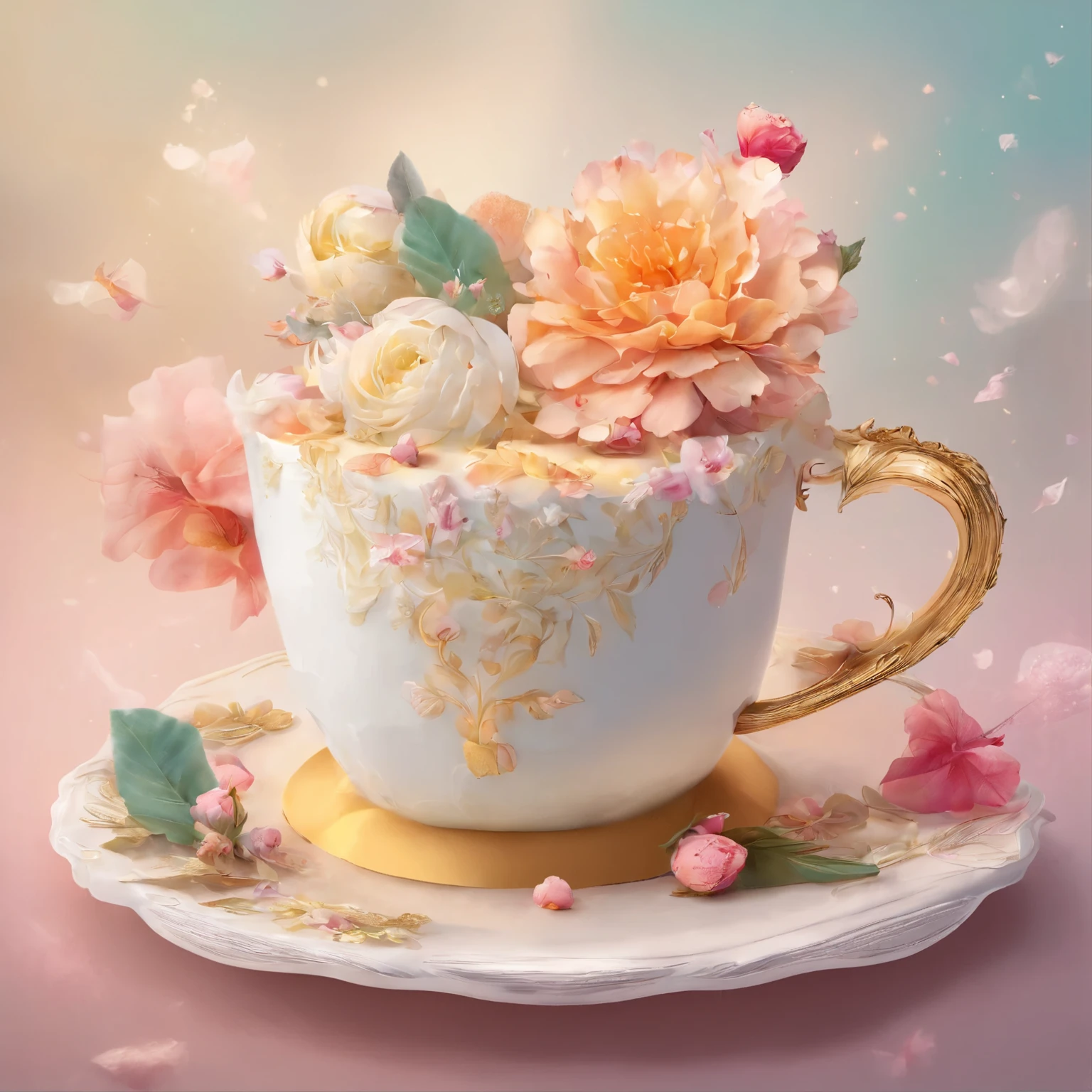 Projected inset, Rococo style, hyper hd, table top, Accurate, Super detailed, advanced details, award-winning, high quality, 8K, illustration style, greeting card style, 
（Close up of royal premium tea cup and whipped cream cake），（scoop，fresh flowers，White chocolate）（Perfect integration：1.37），Surrealist amazing food illustrations, great composition, Cooking Art Photography, Great food pictures, 3 Illustrations, Artwork Baking, cinema 4 d art, author：by Marie Bashkirtseff, made with photoshop, 3D Collage, 3 d epic illustrations, Beeple. hyper photorealism